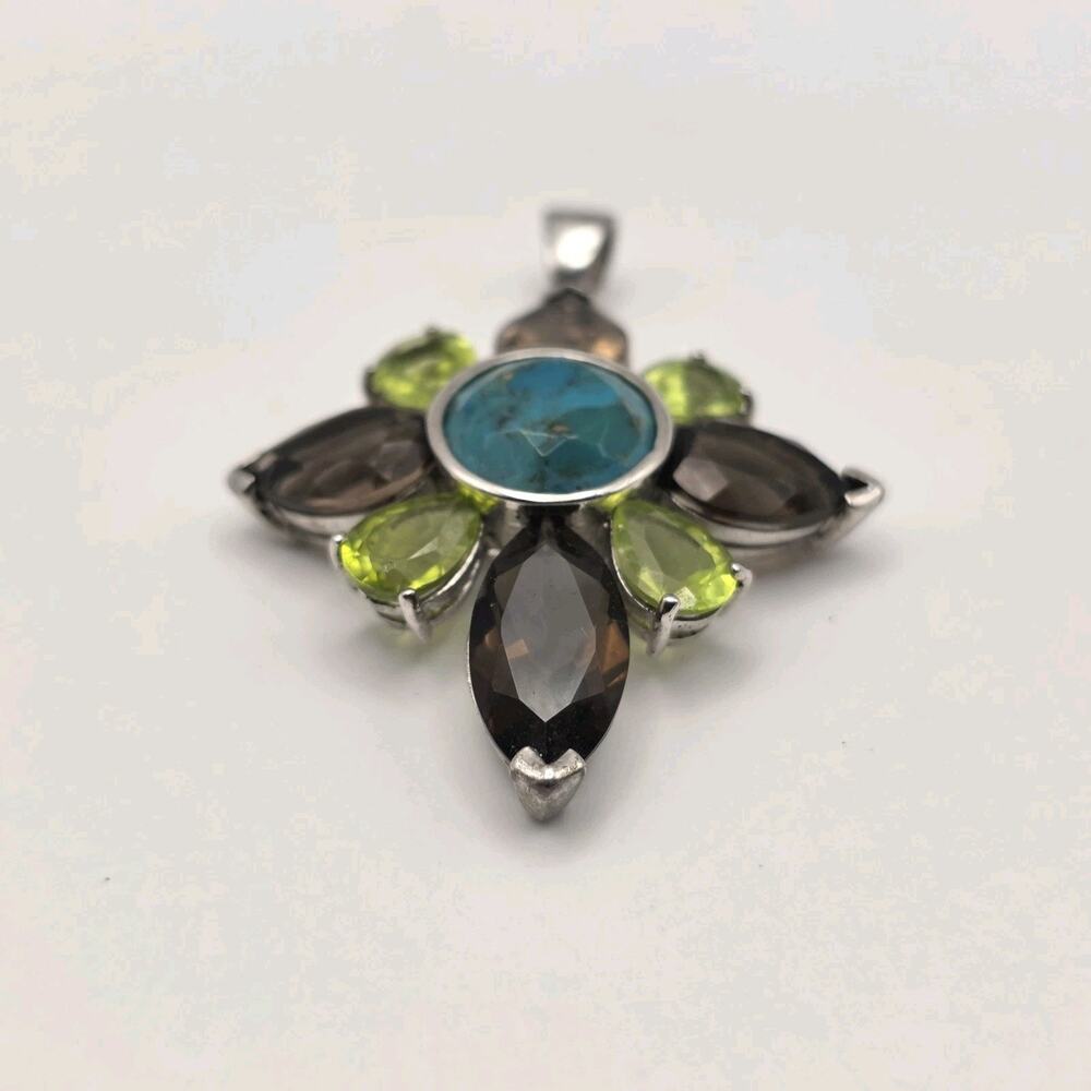ATI Thailand Sterling Silver Turquoise Peridot Quartz Flower Pendant - Picture 3 of 11